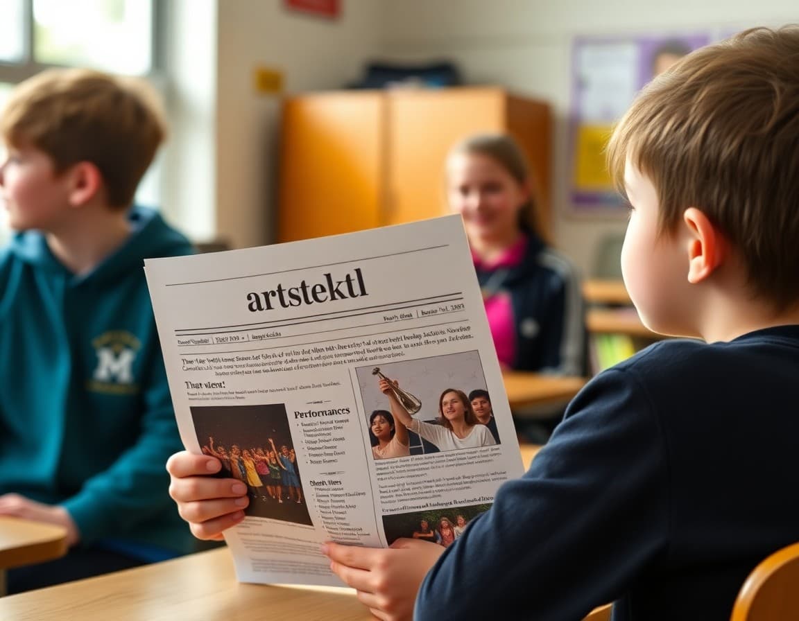 School newsletter arts section showing upcoming performance schedule and student artwork