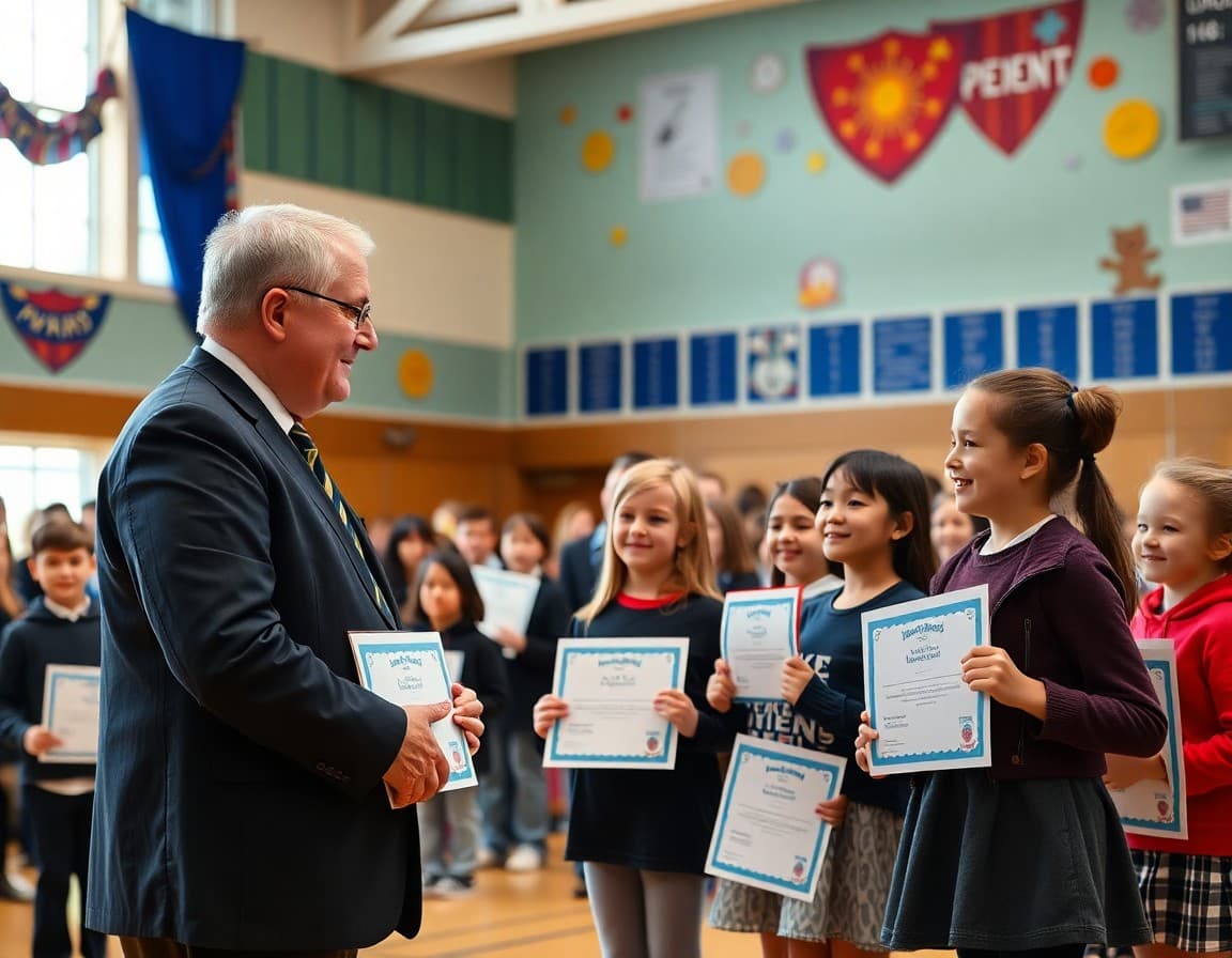 Principal presenting award certificates to smiling students in a decorated school gymnasium at an awards ceremony
