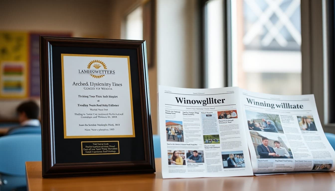 Award plaque displayed next to printed school newsletter issues showing winning design