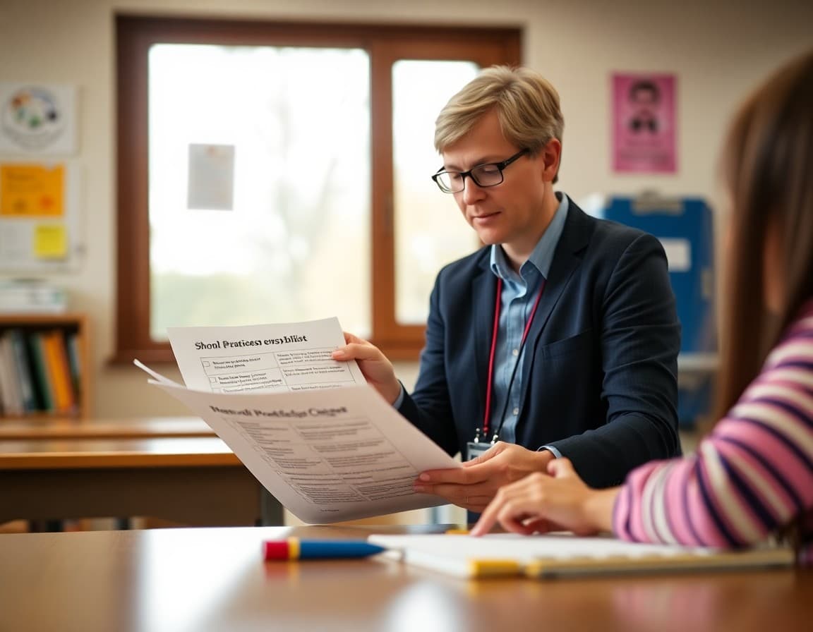 Teacher reviewing school newsletter best practices checklist before sending to families