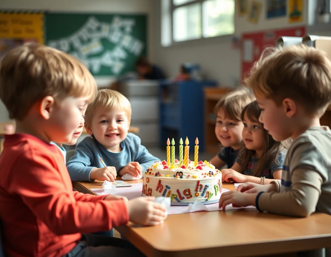 Elementary students celebrating a classmate's birthday with non-food treats and a small class activity