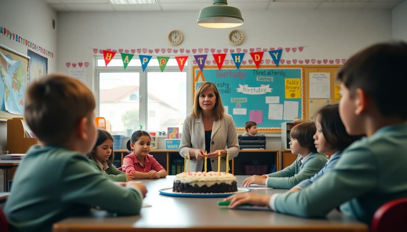 Teacher reviewing birthday celebration policy with students in a decorated classroom during a student birthday