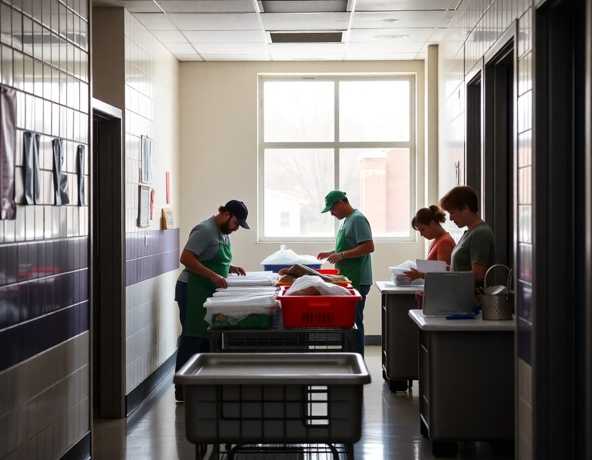 School food service staff setting up a temporary lunch station in a school hallway during cafeteria construction