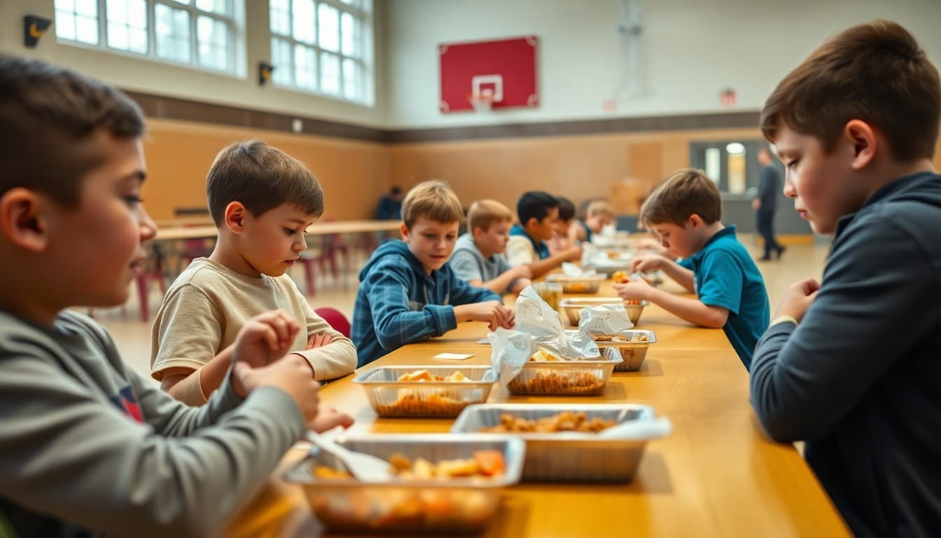 Students eating in a temporary cafeteria setup in a school gymnasium during a kitchen renovation period
