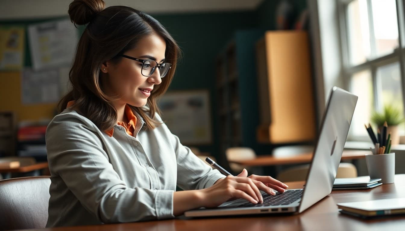 Teacher writing compelling call to action for newsletter volunteer signup on laptop