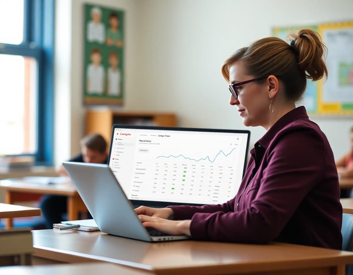 Teacher reviewing email click analytics on laptop to improve school newsletter engagement