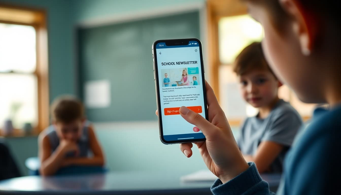 Parent clicking a sign-up button on a school newsletter displayed on a smartphone