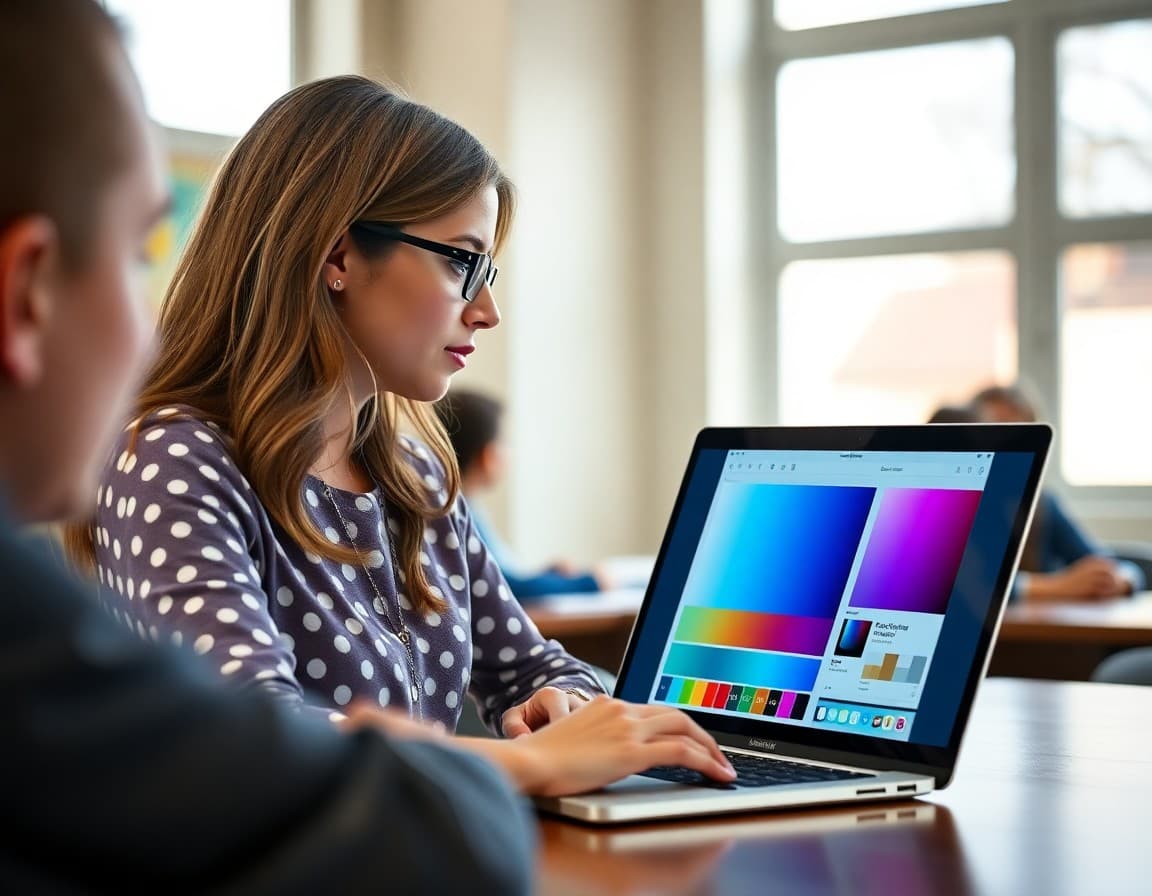 Teacher selecting school colors for newsletter design on laptop with color picker