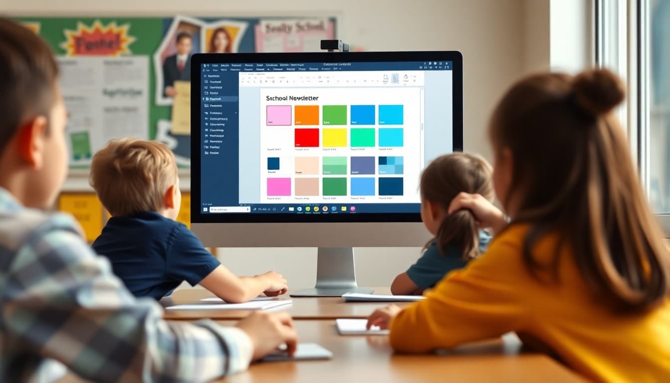 School newsletter color palette options displayed on graphic design software screen