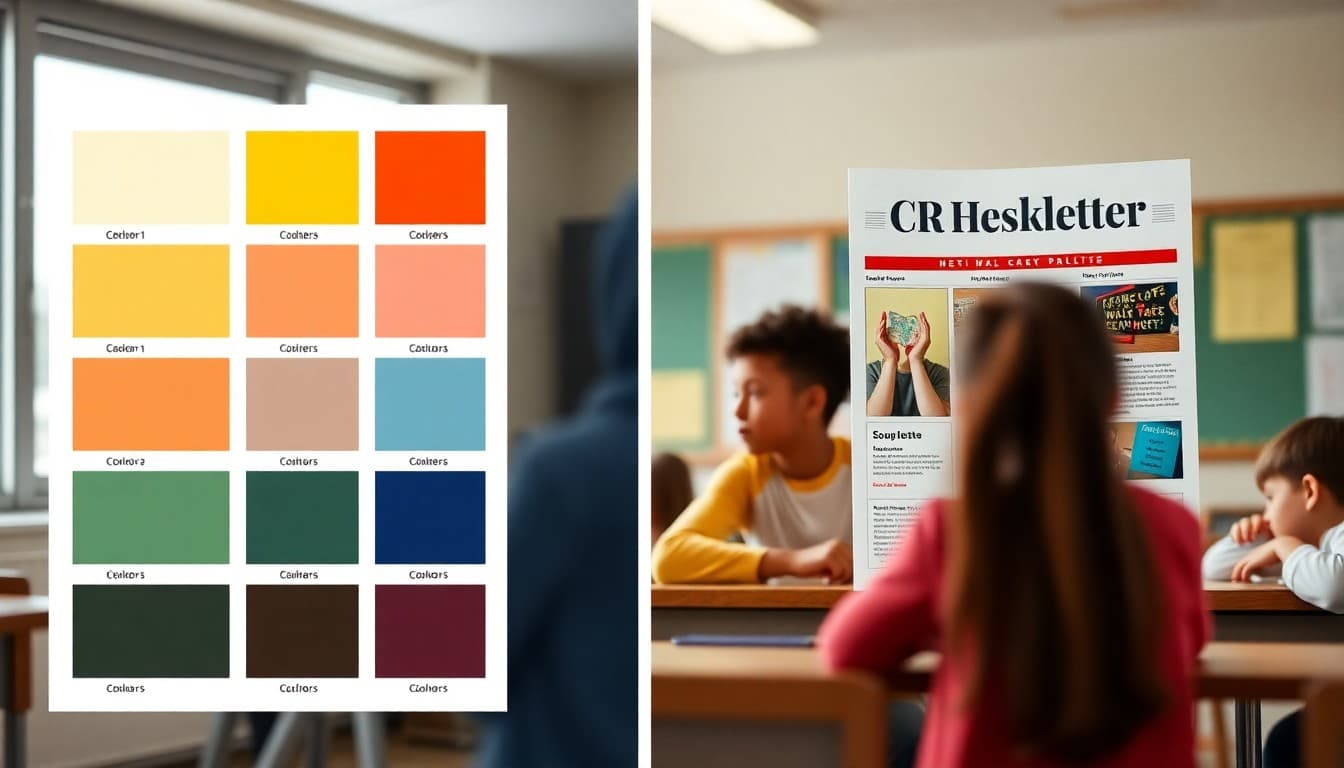 School newsletter color palette swatches next to a finished newsletter design