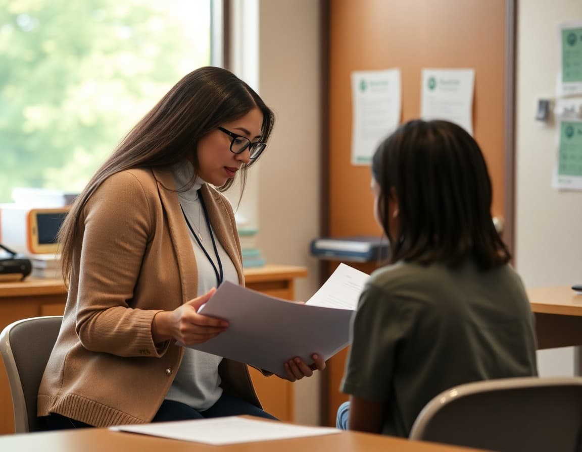 School counselor reviewing community service documentation with student in office