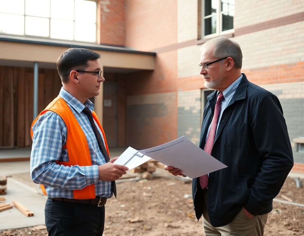 School principal reviewing construction schedule with contractor outside a school building undergoing renovation