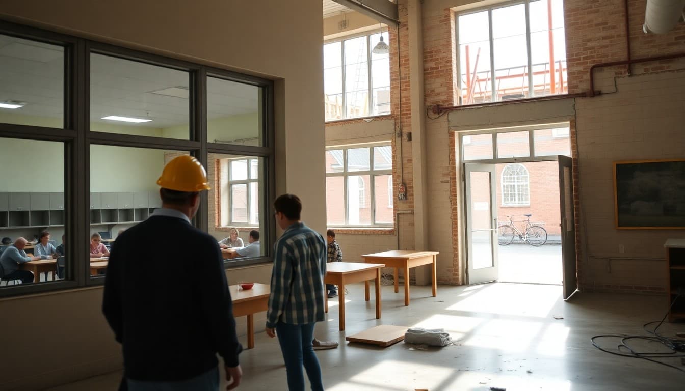 School building with active construction project and students learning in classrooms visible through the windows