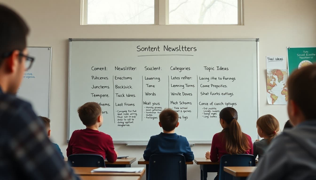 Whiteboard showing five school newsletter content categories with topic ideas underneath each