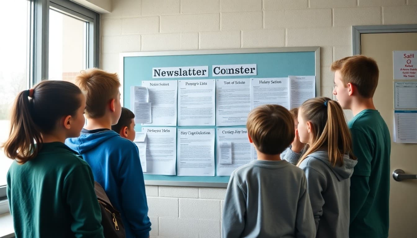 Students gathered around a bulletin board showing school newsletter contest winners