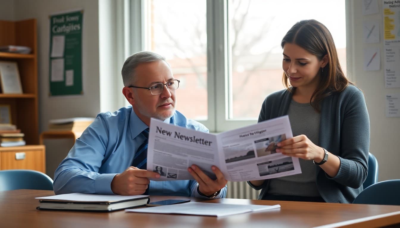 Principal reviewing a school newsletter draft with a counselor discussing sensitive content