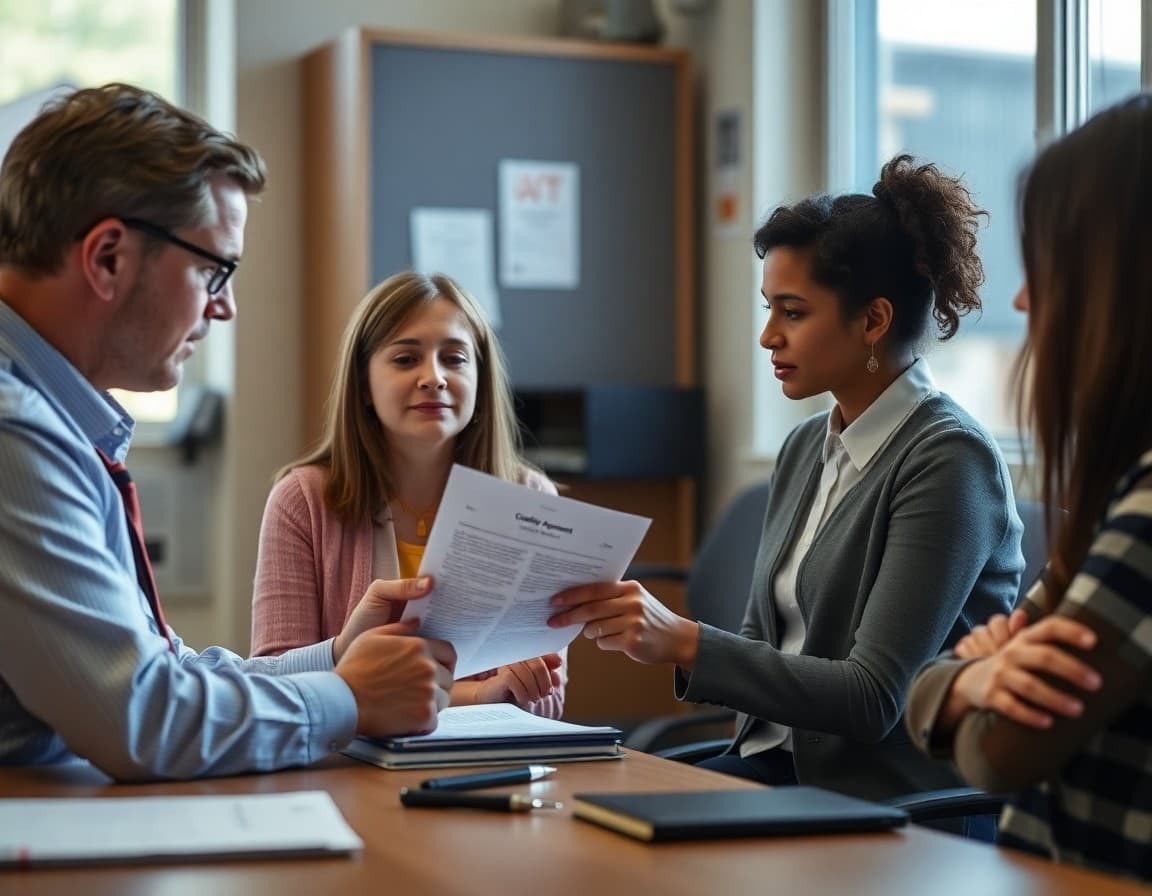 School counselor reviewing a custody agreement document with administrative staff in a school office setting