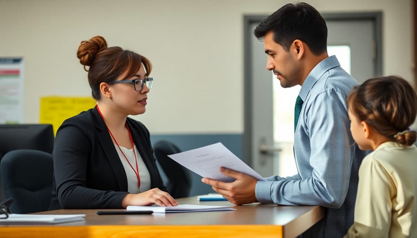 School administrator explaining custody order procedures to a parent at the school front office desk
