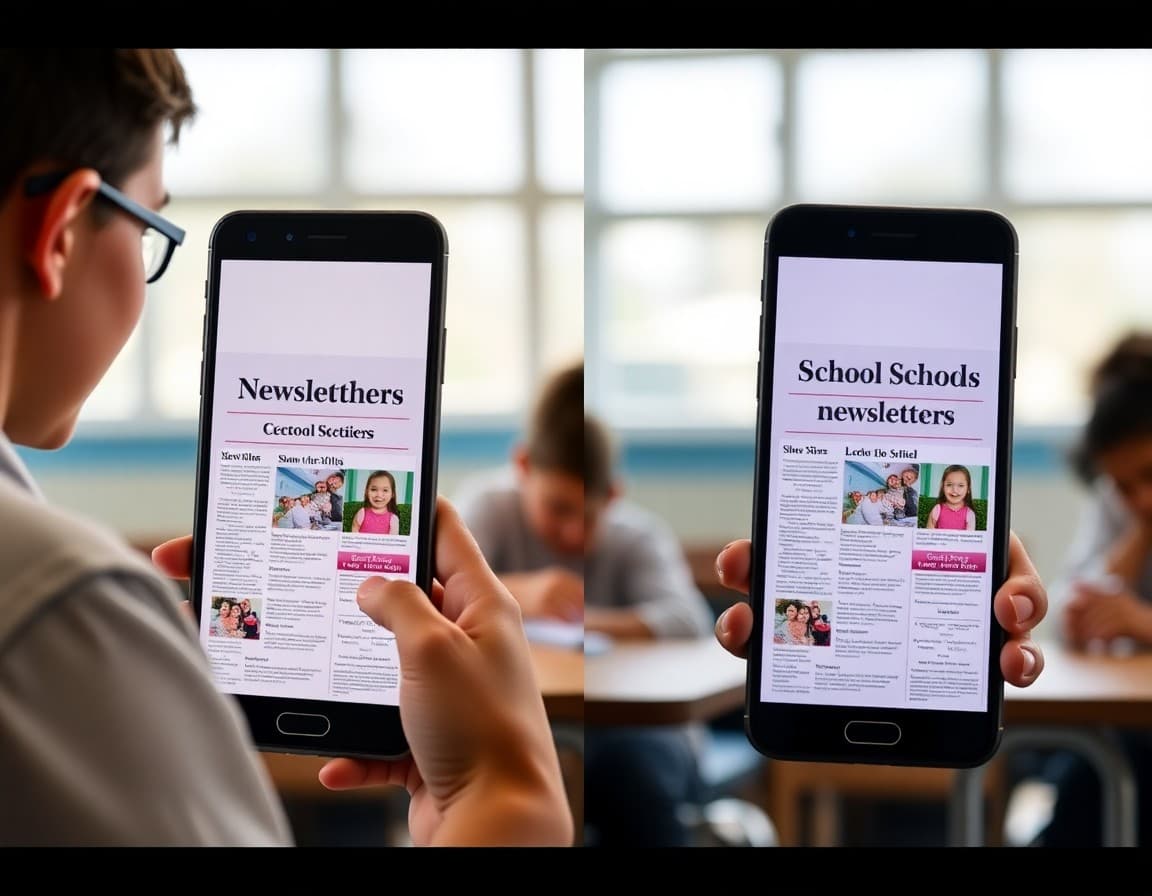 Side-by-side comparison of a school newsletter in light mode and dark mode on two phones