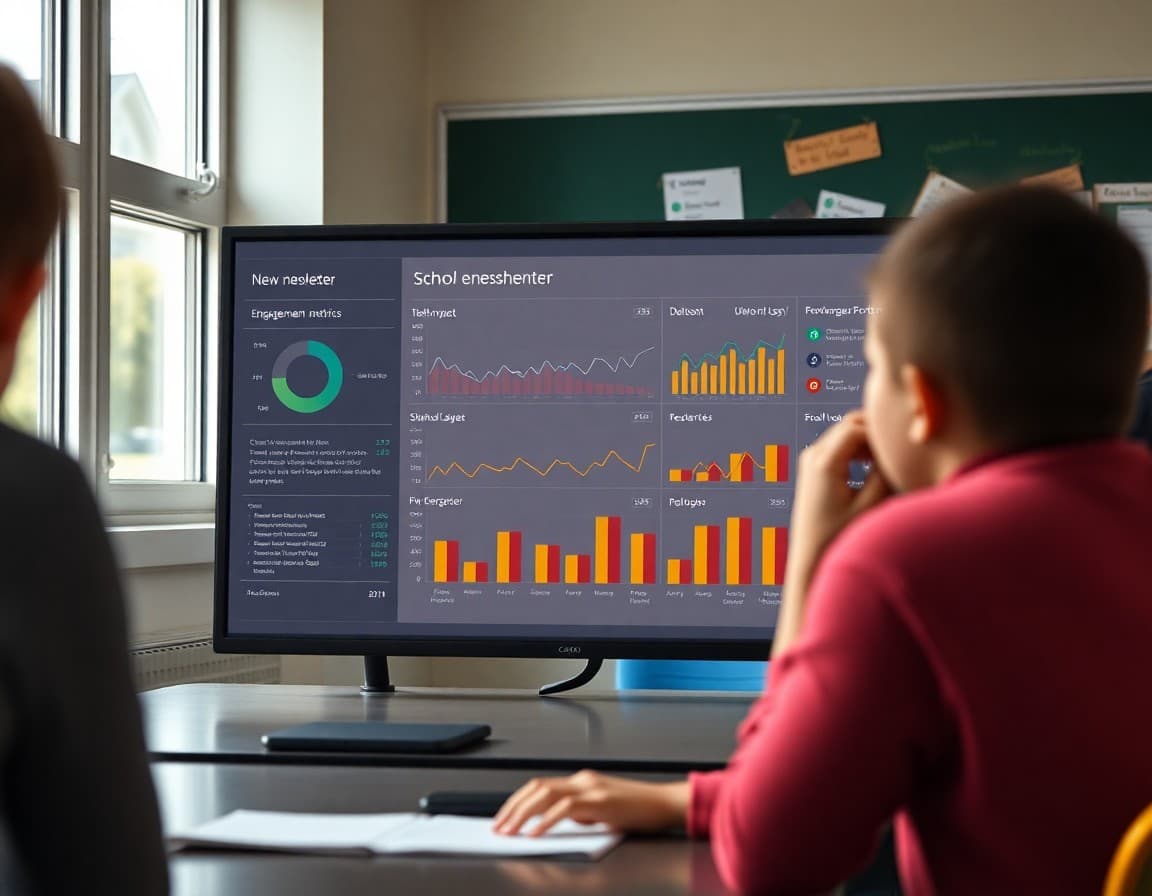 School newsletter performance dashboard with charts showing engagement metrics over a semester
