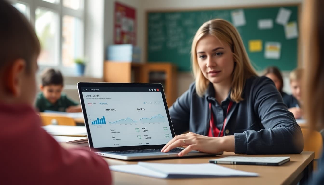 Teacher reviewing school newsletter analytics on a laptop showing open rate and click data