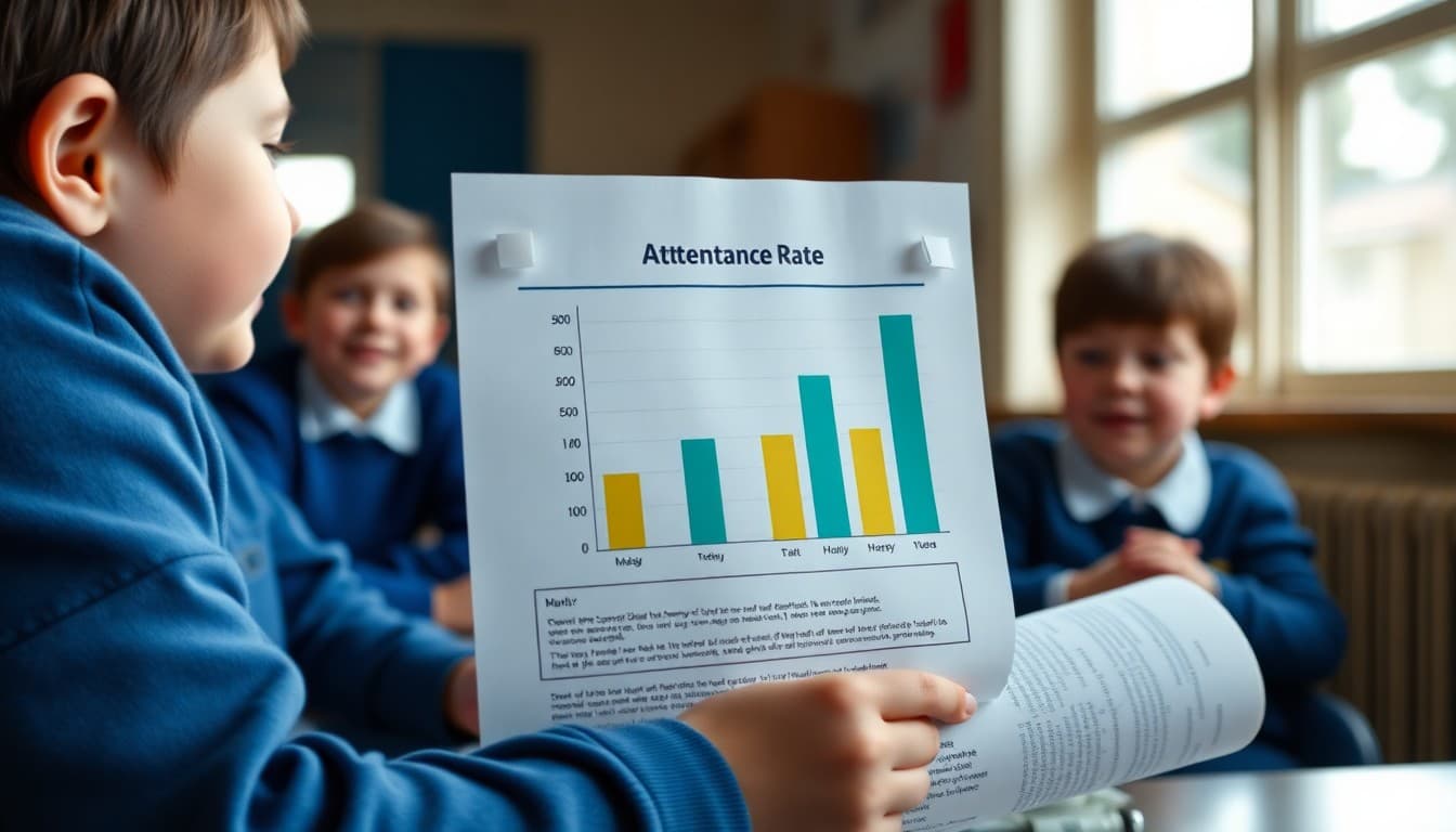 School newsletter showing a simple bar chart of attendance rates by month
