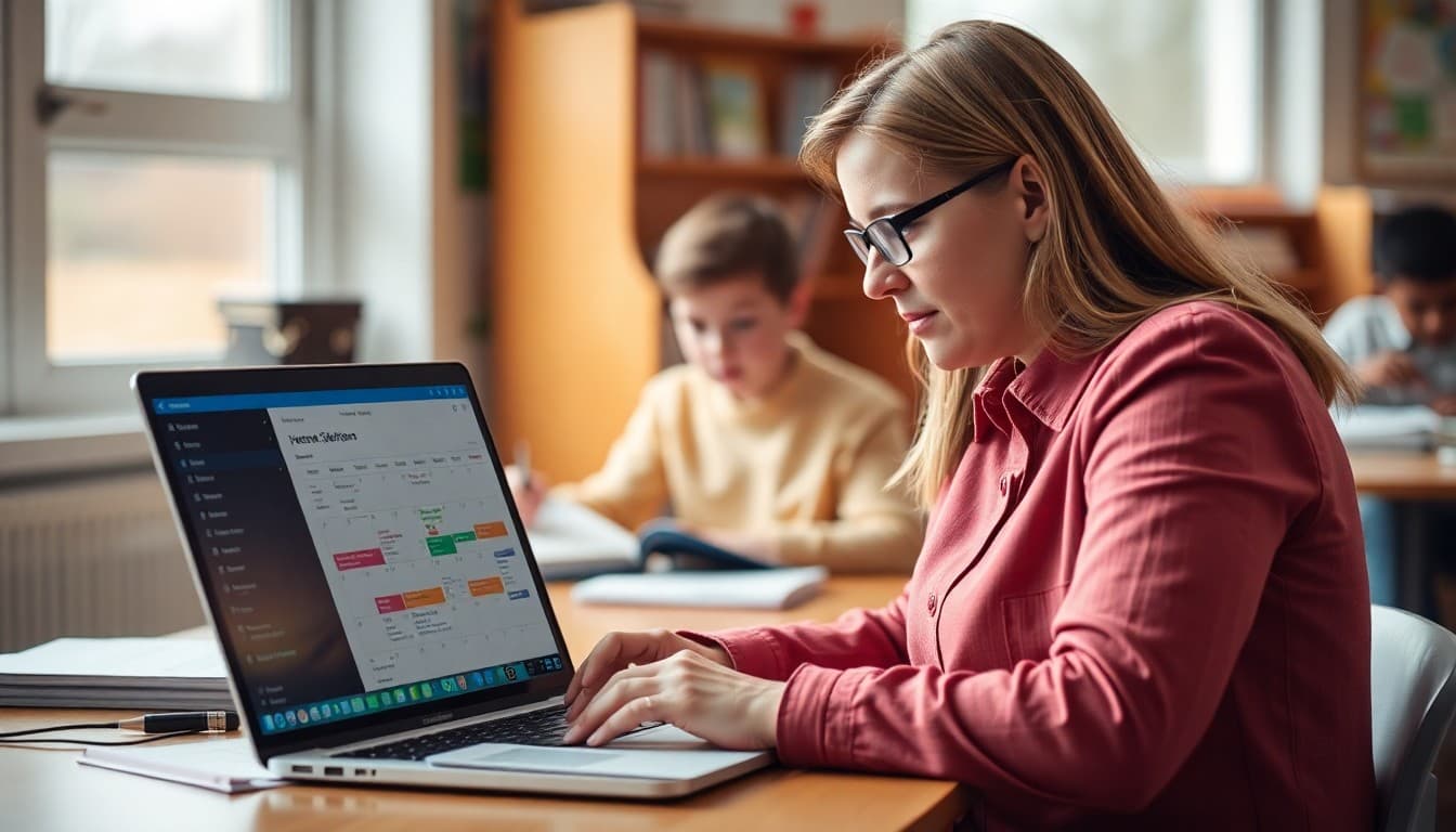 School administrator reviewing newsletter content submissions on a laptop with a calendar visible