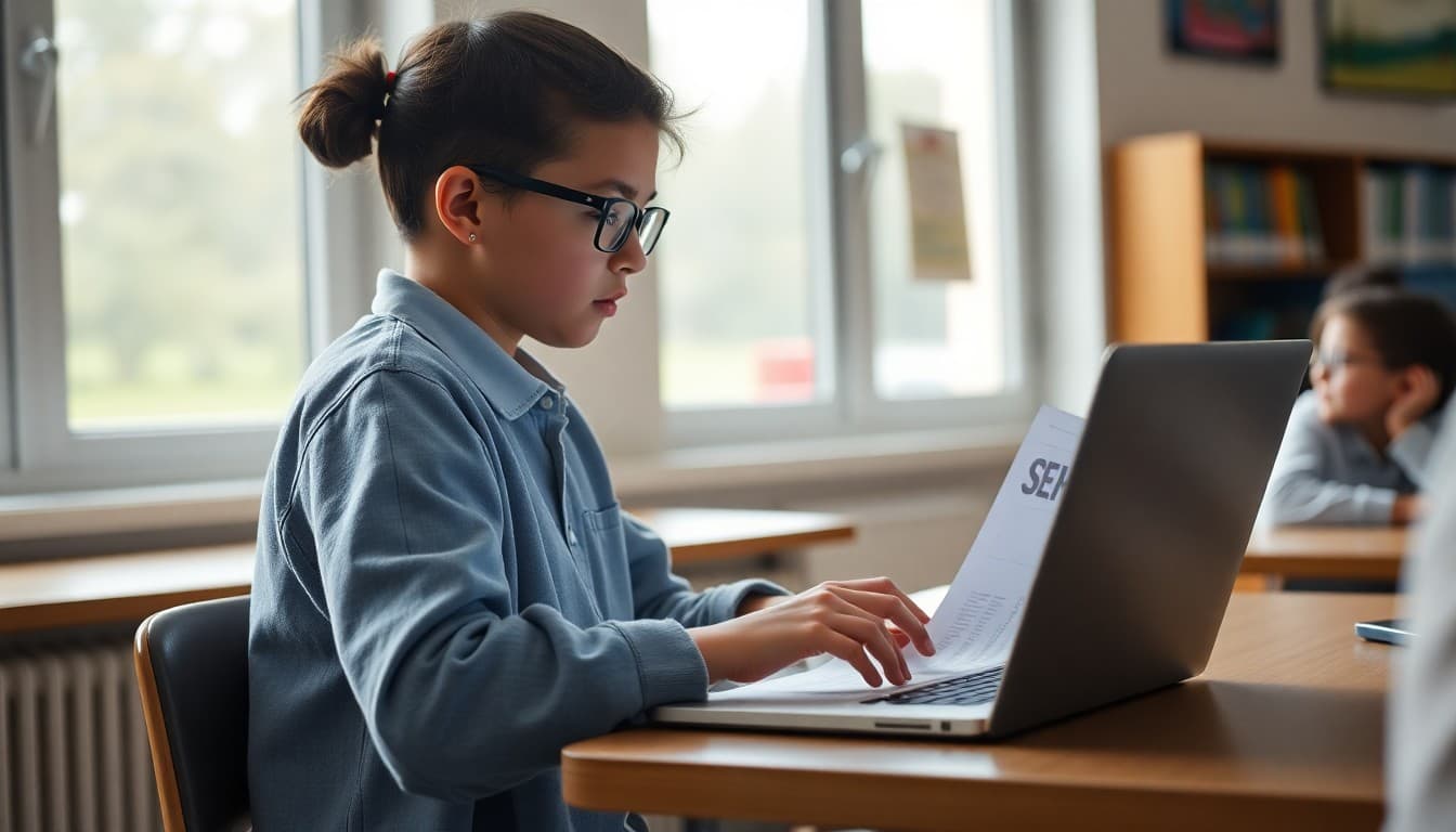 Editor reviewing a final school newsletter on screen with a checklist beside the laptop