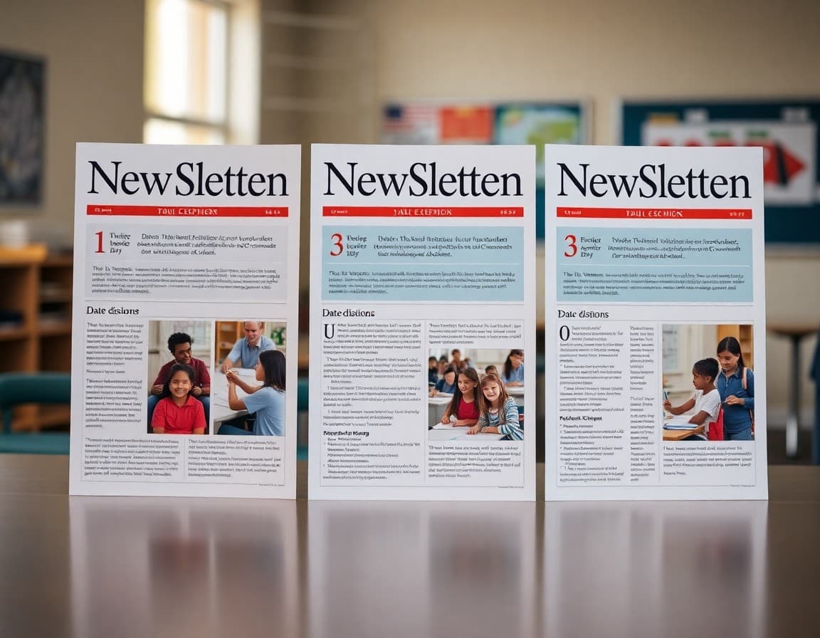 Three school newsletters displayed side by side with consistent district branding