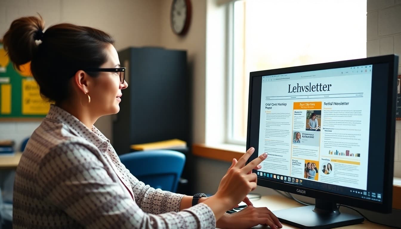 District communication coordinator reviewing branded newsletter templates on a monitor