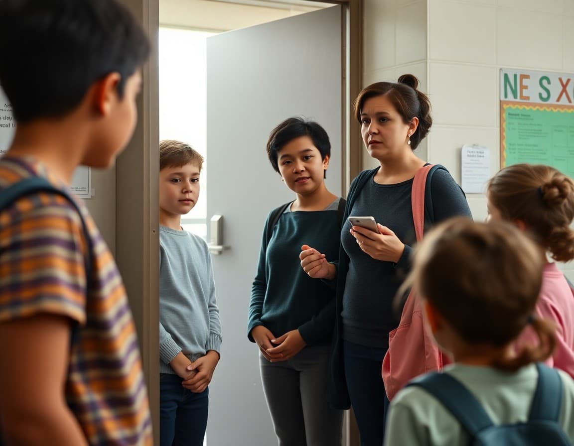 Teacher reviewing dress code guidelines with students at classroom doorway during morning arrival