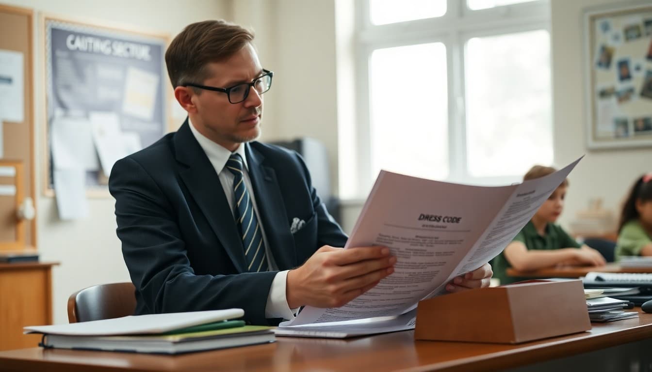 School principal reviewing dress code policy document at desk to prepare parent communication newsletter
