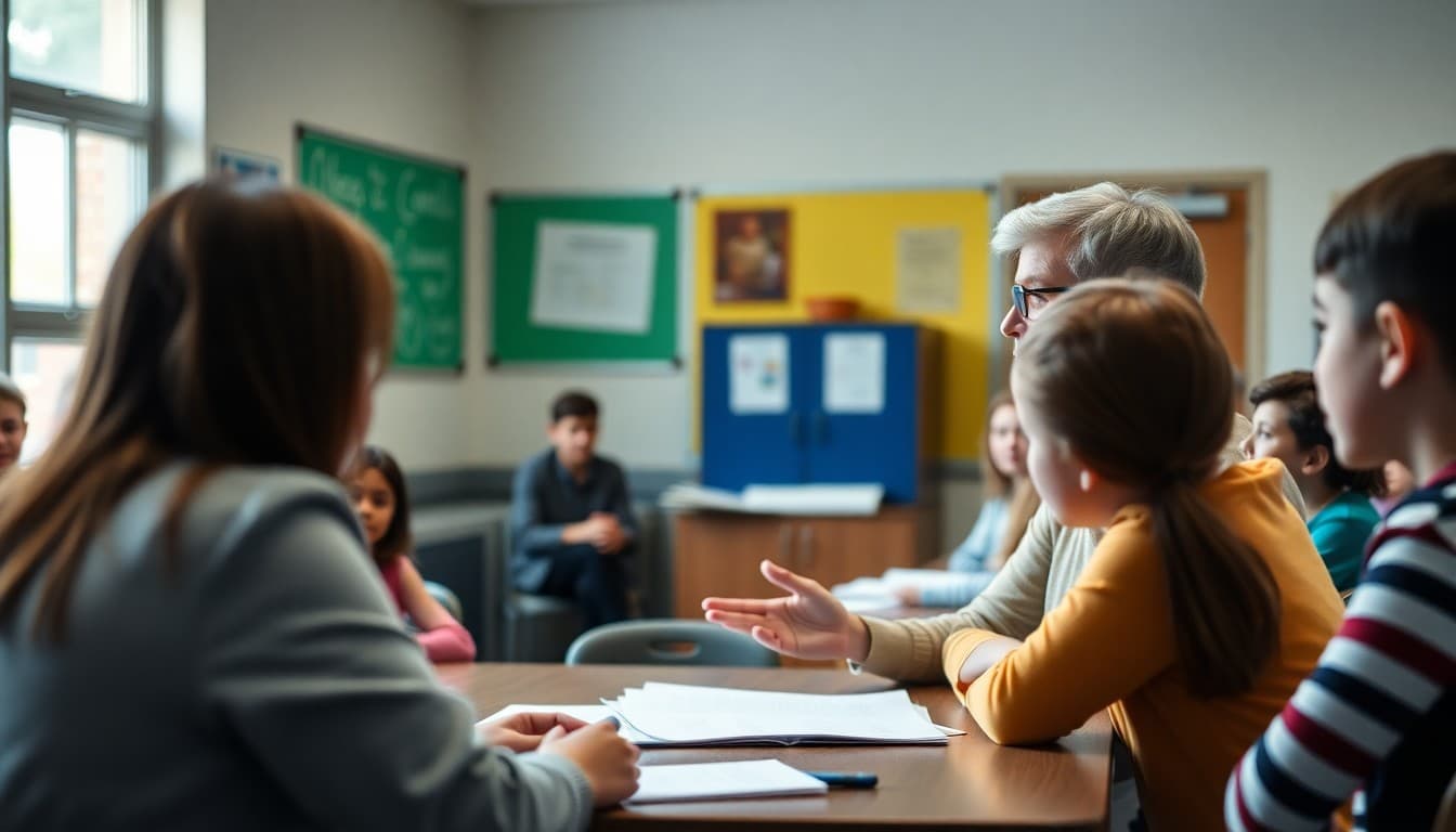 School principal communicating drug prevention program information to parents at a school information night