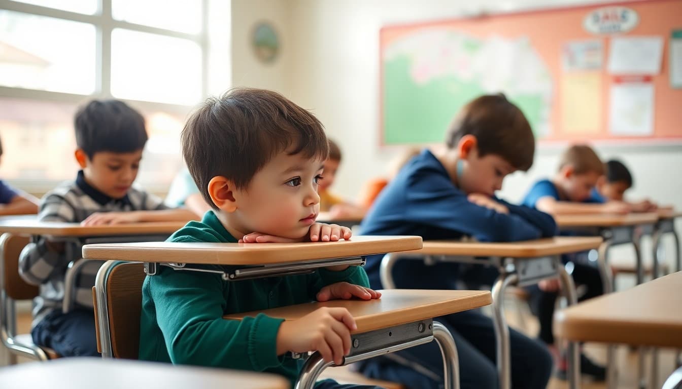 Elementary students in Drop-Cover-Hold earthquake drill position under their desks during classroom practice