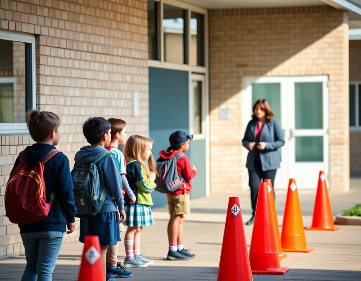 Students and teacher lined up outside the school building during a fire drill with visible safety cones