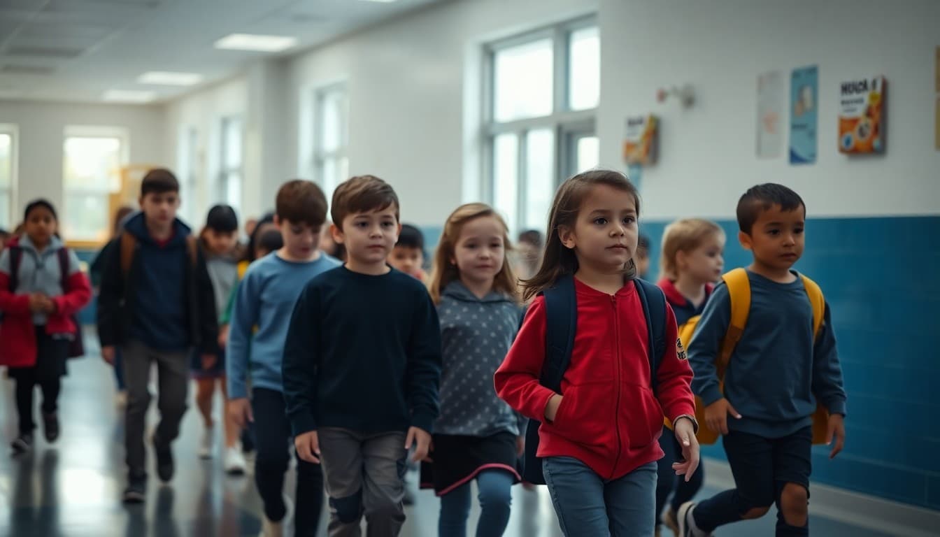 Elementary students walking in an orderly single file line during a fire evacuation drill at school