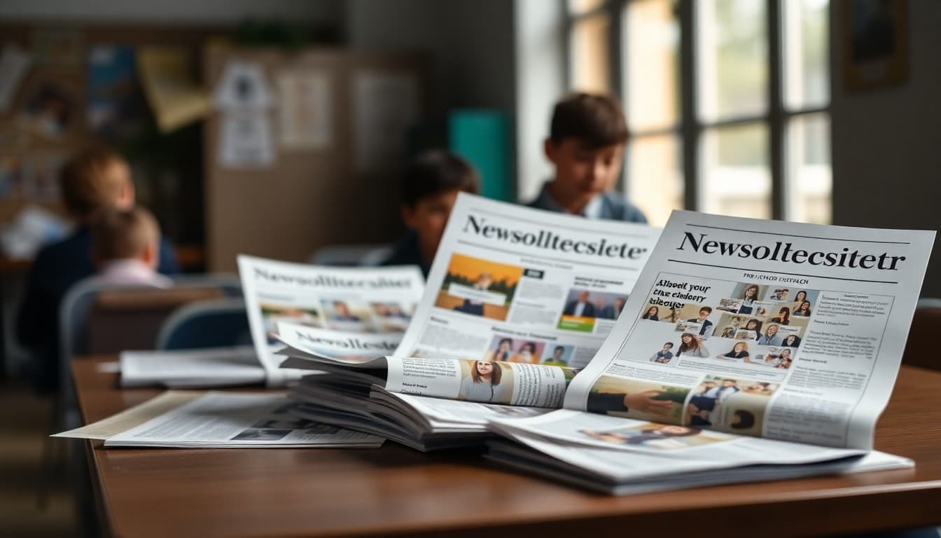 Collection of school newsletter layouts on a desk showing different visual styles