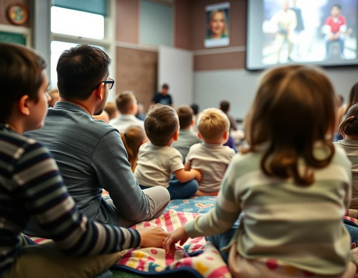 Children and parents sitting on blankets watching projected movie at school event