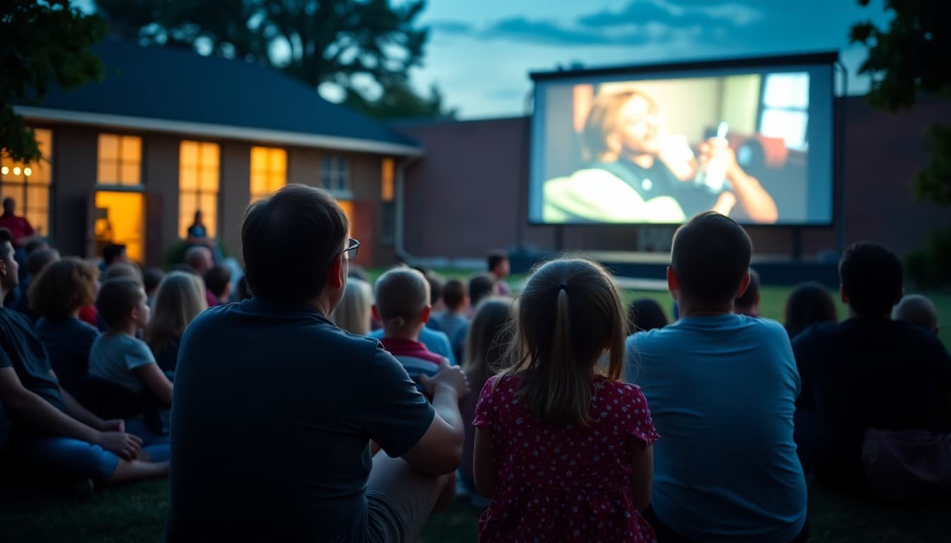 Families watching outdoor movie at school movie night fundraiser on summer evening