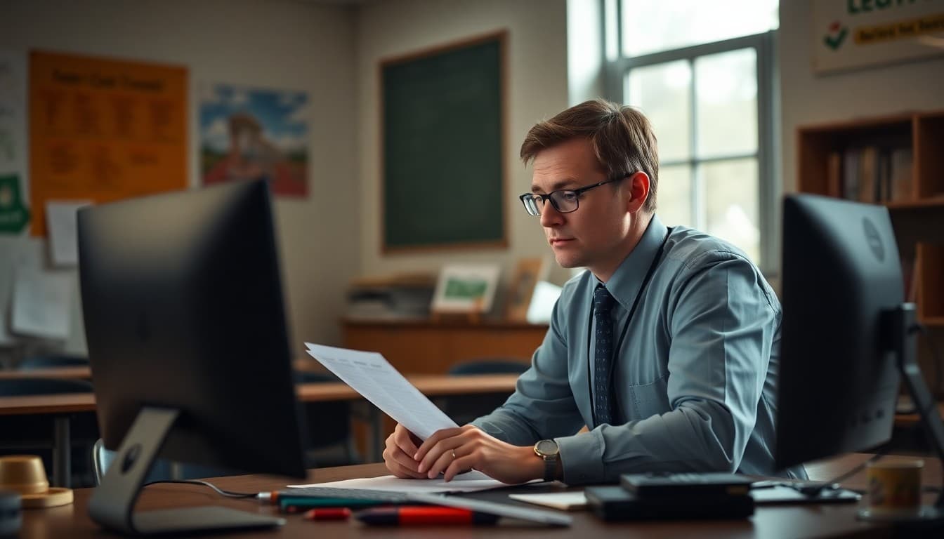 Principal writing a FAQ newsletter to answer recurring parent questions at a computer