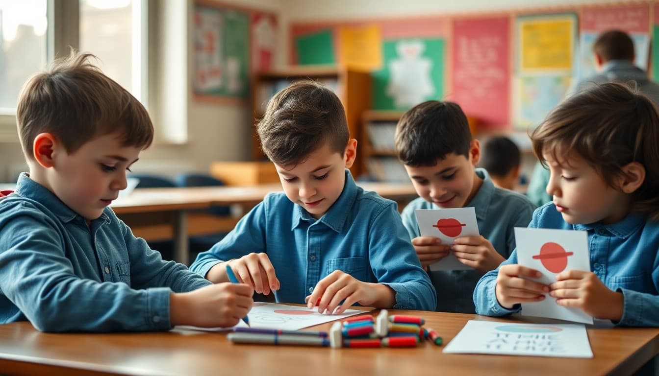 Students making Father's Day cards at school with teacher guidance in a classroom