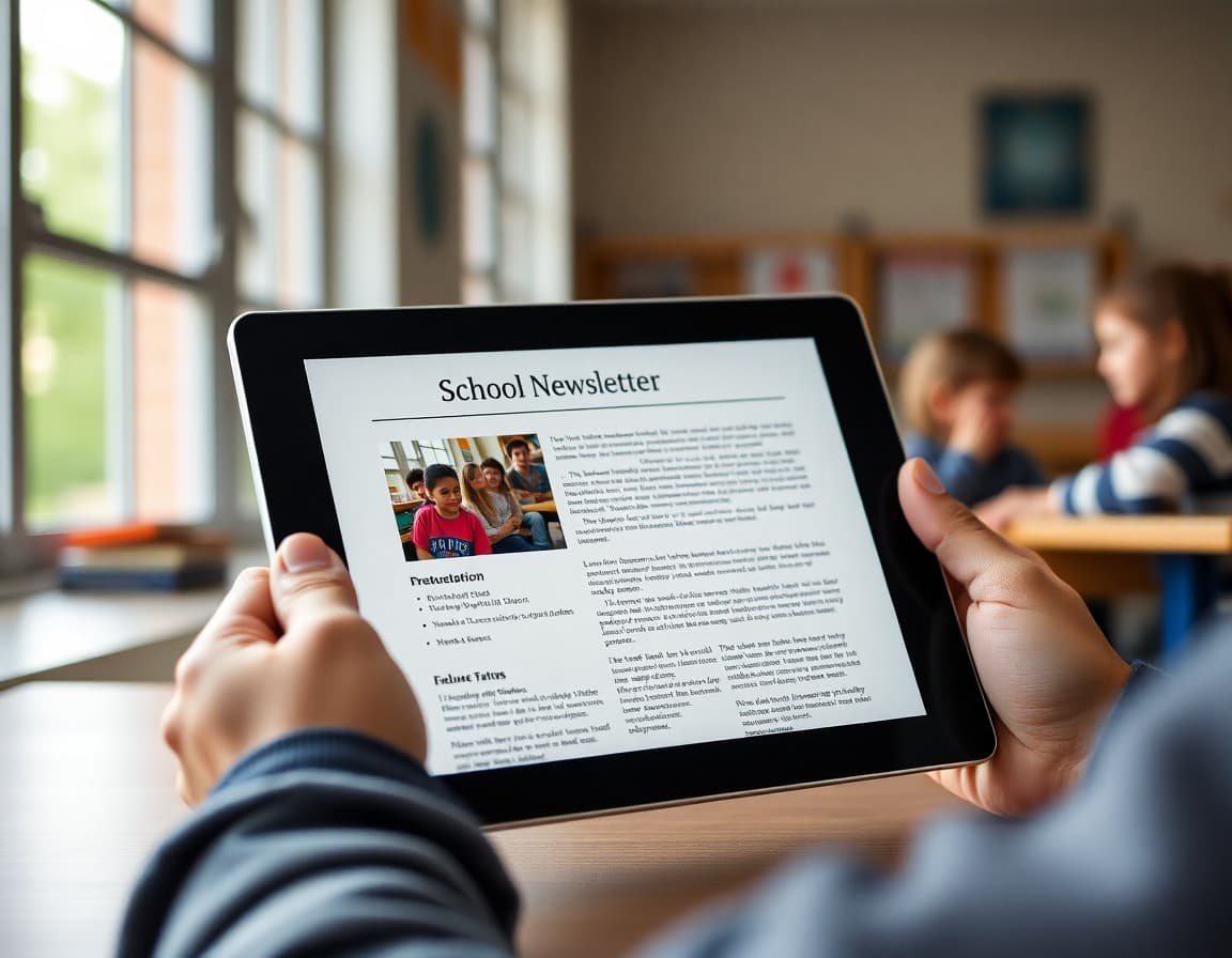 School newsletter feature story on a tablet showing headline, photo, and story text in a clean layout