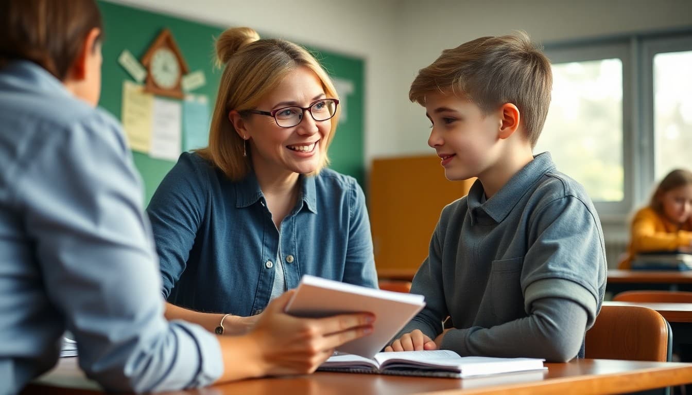 Teacher interviewing a student for a school newsletter feature story with a notebook