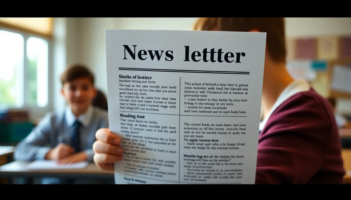 School newsletter showing clean font pairing with heading and body text samples