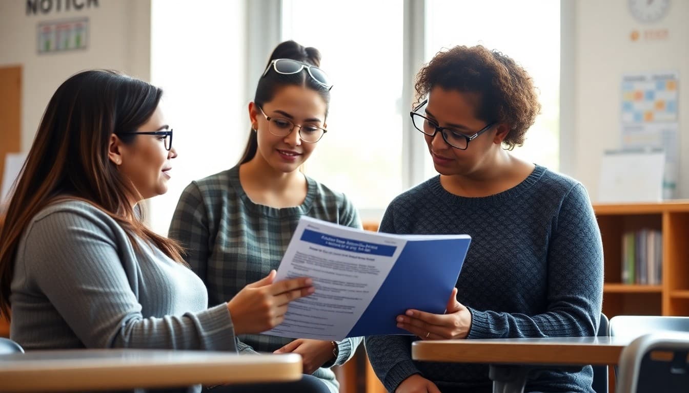 School counselor reviewing foster care education rights information packet with a student's caregiver