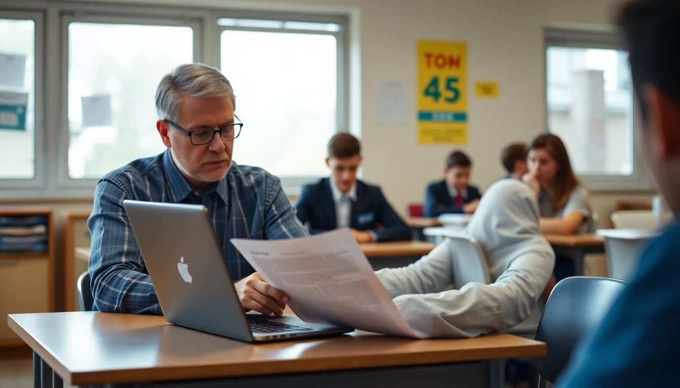 School administrator reviewing a privacy policy document at a desk with a laptop