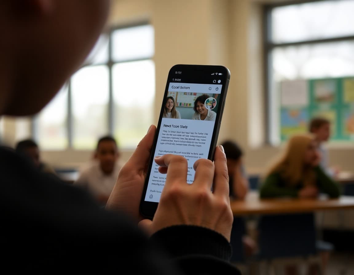 Parent viewing school newsletter link posted in Google Classroom on phone