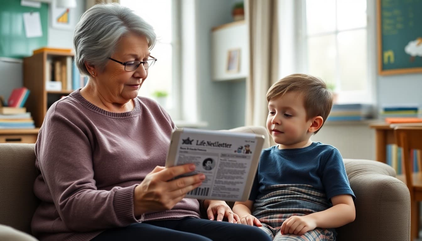 Grandmother reading school newsletter on a tablet while sitting with her grandchild at home