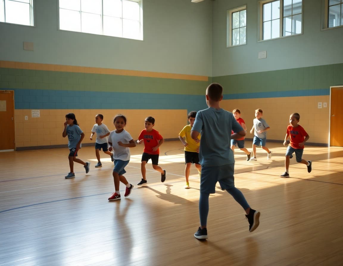 Students participating in outdoor physical education class while school gymnasium undergoes floor repairs