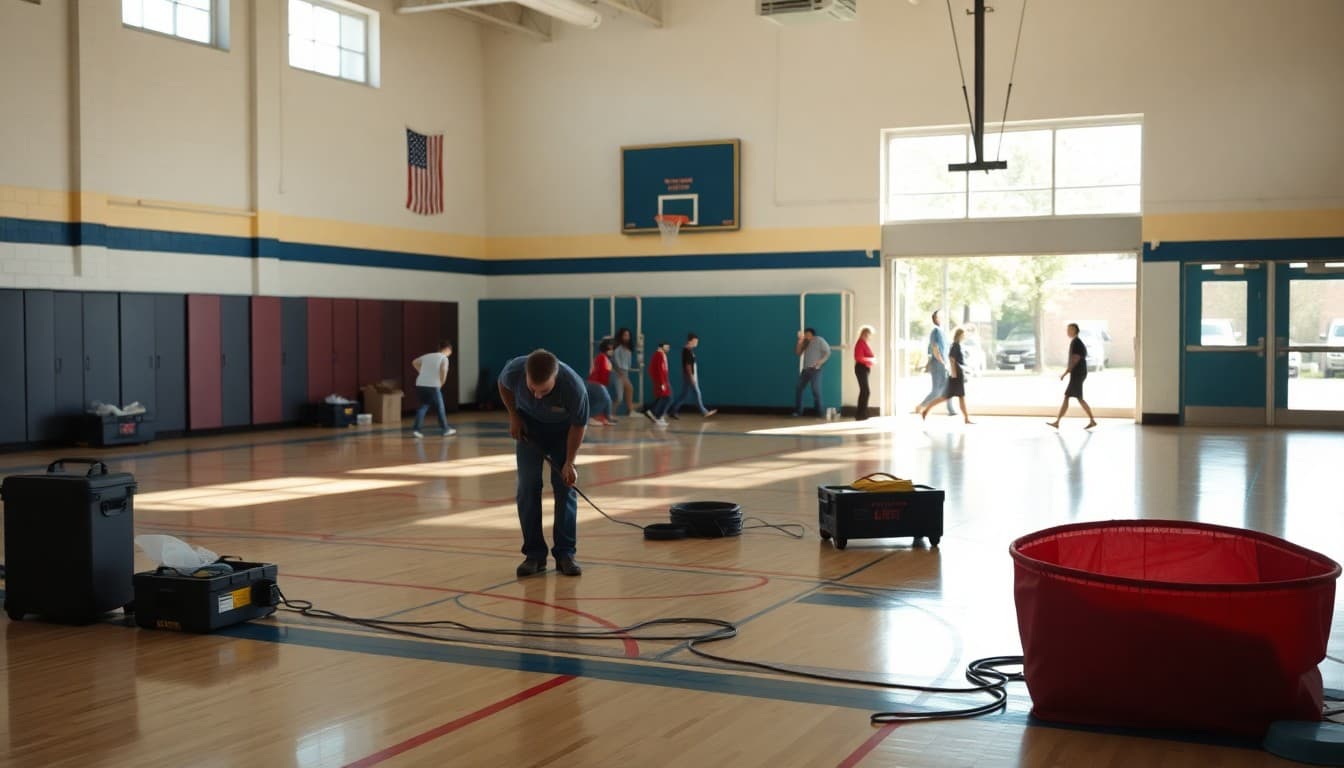 School gymnasium floor repair crew working on the gym while PE classes move outdoors in the background